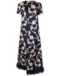 La DoubleJ - Silk Midi Dress With All-Over Floral Print And Feather-Trimmed Hem - Lyst
