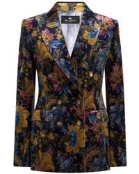 Etro - Double-Breasted Cotton Velvet Jacket With Floral Overprint - Lyst