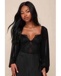 Lulus - Instant Attraction Long Sleeve Lace Bustier Bodysuit - Lyst