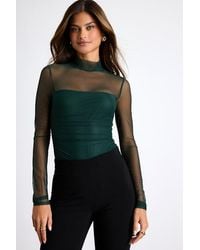 Lulus - Clearly Alluring Emerald Mesh Long Sleeve Mock Neck Bodysuit - Lyst