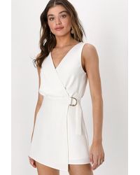 Lulus - Rooftop Bar Sleeveless Faux-Wrap Belted Skort Romper - Lyst