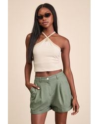 Lulus - Winford Dark Sage Pleated High-Rise Cuffed Shorts - Lyst