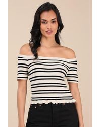Lulus - Erela Cream And Striped Off-The-Shoulder Sweater Top - Lyst