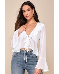 Lulus - Thriving Flirt Chiffon Ruffled Long Sleeve Tie-Front Top - Lyst