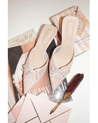 Lulus - Lacey Blush Lace Bow Kitten Heel Mule Pumps - Lyst