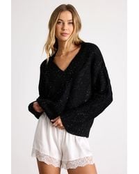 Lulus - Ewan Sequin Cable Knit V-Neck Sweater - Lyst
