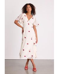Lulus - Jolina Embroidered Swiss Dot Flutter Sleeve Midi Dress - Lyst