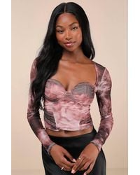 Lulus - Coy Cutie Abstract Print Mesh Bustier Long Sleeve Crop Top - Lyst