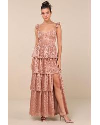 Lulus - Stunning Glory Dusty Floral Jacquard Tiered Maxi Dress - Lyst
