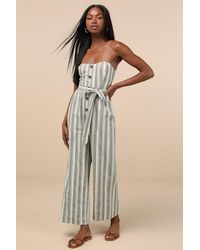 Lulus - Sunny Day Classic Sage And Striped Strapless Jumpsuit - Lyst