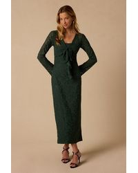 Lulus - Simone Emerald Lace Tie-Front Midi Dress - Lyst