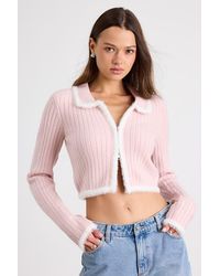 Lulus - Leyden Fuzzy Trim Zip-Front Cropped Cardigan - Lyst