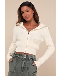 Lulus - Cozy Inclination Cropped Zip-Front Collared Sweater - Lyst