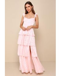 Lulus - Stunning Glory Light Floral Jacquard Tiered Maxi Dress - Lyst