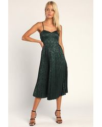 Lulus - Chic Sensibility Dark Satin Jacquard Pleated Midi Dress - Lyst