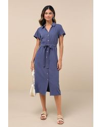 Lulus - Italian Summer Linen Button-Up Short Sleeve Midi Dress - Lyst