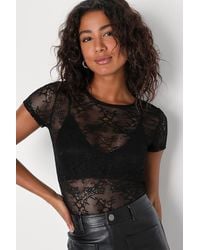 Lulus - Clearly Sultry Lace Sheer Short Sleeve Top - Lyst
