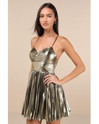 Lulus - Glamorous Choice Metallic Pleated Lace-Up Mini Dress - Lyst