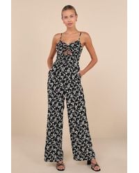 Lulus - Darling Upgrade Floral Cutout Tie-Back Wide-Leg Jumpsuit - Lyst