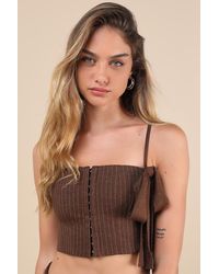 ZEMETA - My Bow Pinstriped Hook-And-Eye Lace-Up Cropped Cami Top - Lyst