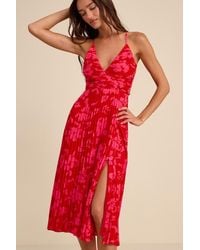 Lulus - Vibrant Moment Floral Pleated Lace-Up Midi Dress - Lyst