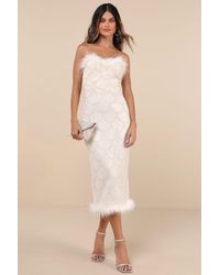 Lulus - Uniquely Confident Cream Lace Feather Strapless Midi Dress - Lyst