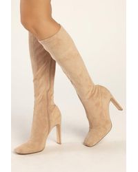 Lulus - Loriah Light Nude Suede Square Toe Knee High Boots - Lyst
