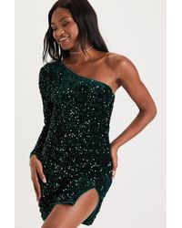 Lulus - Flawless Shine Emerald Sequin One-Shoulder Mini Dress - Lyst