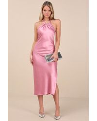 Lulus - Angelique Satin Backless Halter Midi Dress - Lyst