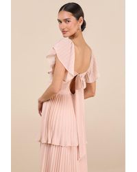Lulus - Notorious Charm Blush Pleated Flutter Sleeve Maxi Dress - Lyst