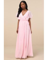 Lulus - Convincing Grace Light Blush Flutter Sleeve Wrap Maxi Dress - Lyst
