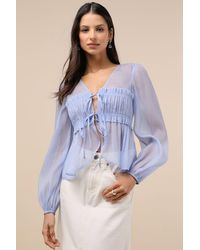 Lulus - Kyler Sheer Tie-Front Long Sleeve Top - Lyst