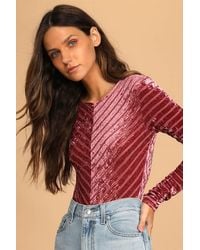 Lulus - Save The Date Dusty Velvet Striped Long Sleeve Bodysuit - Lyst