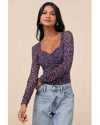Lulus - Adoring Desire Dark Floral Print Mesh Ruched Bodysuit - Lyst
