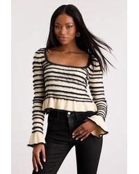 Lulus - Steffy Cream And Fuzzy Striped Ruffled Sweater Top - Lyst
