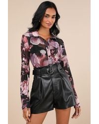 Lulus - Sleek Blossom Plum And Floral Sheer Mesh Button-Up Top - Lyst