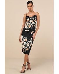 Lulus - Sunny Blossom Floral Print Satin Cowl Neck Midi Dress - Lyst