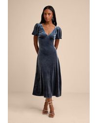 Lulus - Obrissa Velvet Puff Sleeve Tie-Back Midi Dress - Lyst