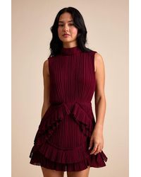 Lulus - Alvana Plisse Mock Neck Ruffled Mini Dress - Lyst