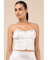 Lulus - Megan Satin Pearl Strapless Crop Top - Lyst