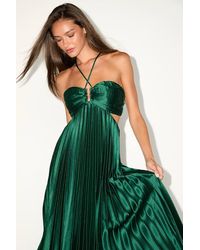 Lulus - Aerin Emerald Satin Pleated Cutout Midi Dress - Lyst