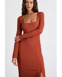 Lulus - Austine Rust Textured Knit Long Sleeve Midi Dress - Lyst