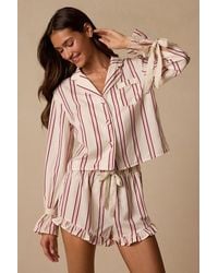 Lulus - Kelda Cream Striped Satin Ruffled Two-Piece Pajama Set - Lyst
