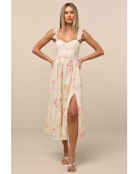 Lulus - Miara Cream And Floral Embroidered Ruffled Midi Dress - Lyst