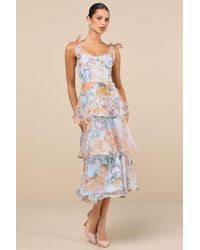 Lulus - Playfully Posh Floral Organza Tie-Strap Tiered Midi Dress - Lyst