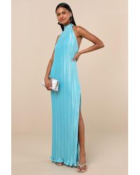 Lulus - Gwenny Aqua Satin Plisse Maxi Dress - Lyst