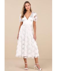 Lulus - Gorgeous Elevation Lace Rosette Puff Sleeve Midi Dress - Lyst