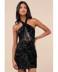 Lulus - Elevated Dazzle Velvet Sequin Fringe Halter Mini Dress - Lyst