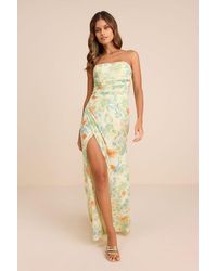 Lulus - Epitome Of Allure Lime Floral Mesh Strapless Ruched Maxi Dress - Lyst