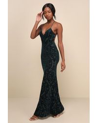 Lulus - Marvelous Icon Emerald Velvet Glitter Backless Maxi Dress - Lyst